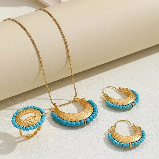 3PCS Ethnic Blue Bead Gold-Color Crescent Moon Jewelry Set Pendant Necklace Ring Hoop Earrings Set For Woman Party Jewelry Gift - Tamnz