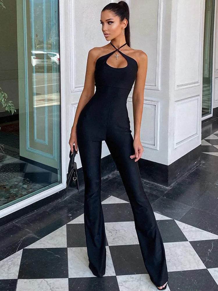 Neck Mounted Sexy Black Jumpsuits For Women Sleeveless Low Cut Elegant One Piece Outfit Slight Flared Pants Jump Suit Overall - Tamnz