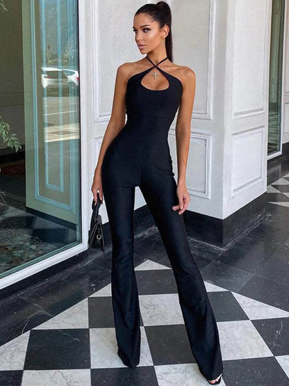 Neck Mounted Sexy Black Jumpsuits For Women Sleeveless Low Cut Elegant One Piece Outfit Slight Flared Pants Jump Suit Overall - Tamnz