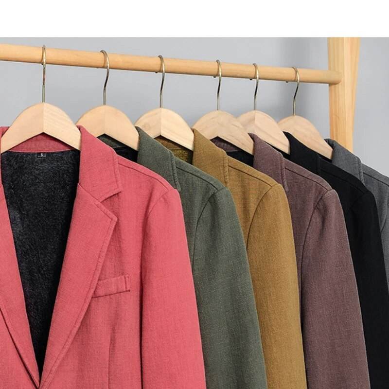 Autumn Winter New Casual Plush and Thickened Warm Suit Jacket for Men Ramie Loose Vintage Blazers for Men BL088 - Tamnz