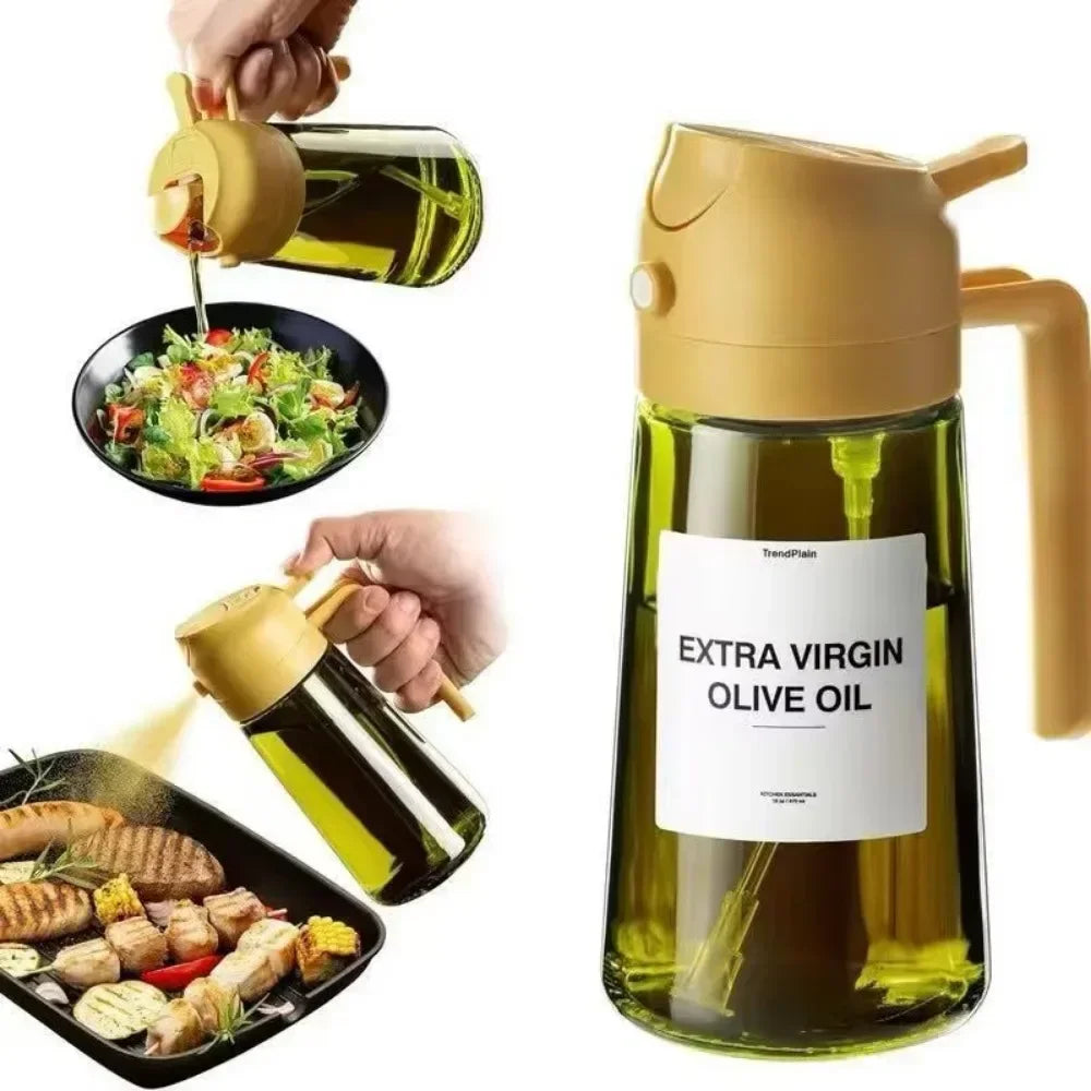 2 in 1 Olive Oil Dispenser Bottle 470ml Light-Blocking Dark Oil Sprayer for Cooking for Kitchen Dark Green Glass Oil Bottle