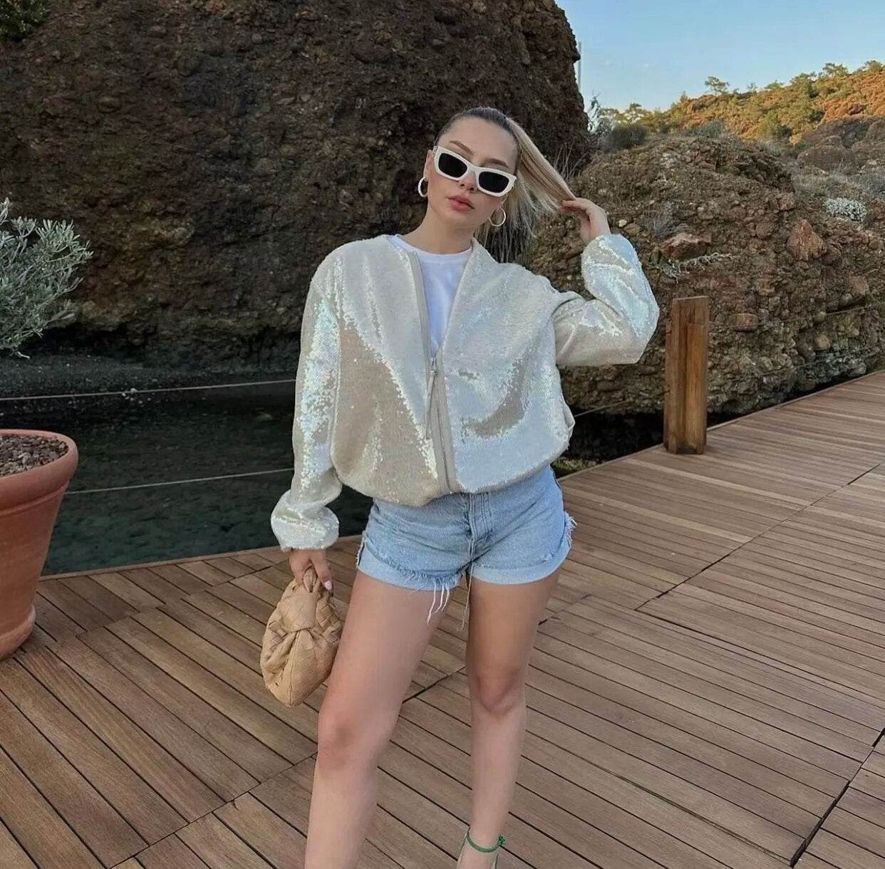 Fashion Sequins Bomber Jackets for Women 2023 Chic Female Casual Jacket Coats Ladies O-Neck Long Sleeve New Outerwear - Tamnz