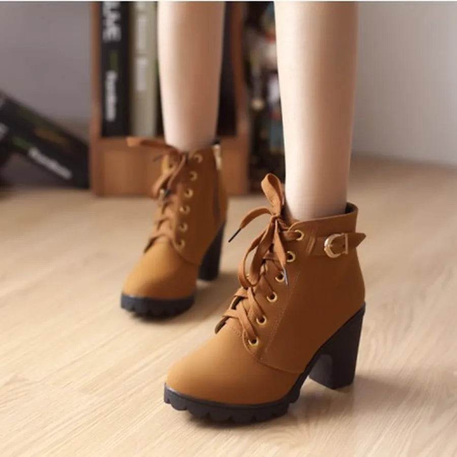 Spring Winter Women Pumps Boots High Quality Lace-up European Ladies Shoes PU High Heels Boots Fast Delivery - Tamnz