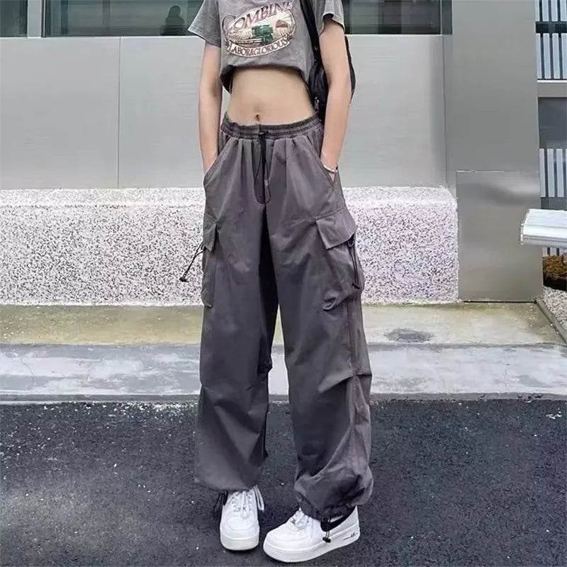 Women Y2K Cargo Pants Casual Harajuku Low Waist Drawstring Sweatpant Solid Drawstring Parachute Trousers Oversized Pants Jogger - Tamnz