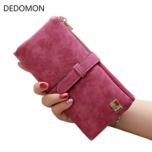 Solid Drawstring Nubuck Leather Zipper Long Women Wallet Phone Bag Luxury Brand Wallets Designer Purse Card Holder Clutch - Tamnz