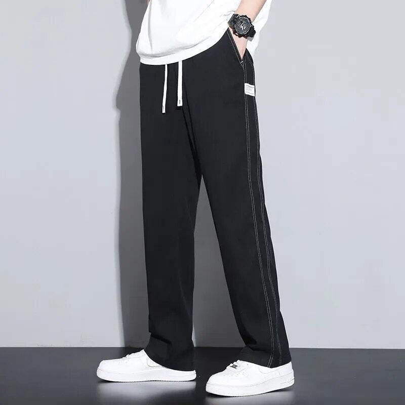 Summer Soft Lyocell Fabric Men's Jeans Thin Loose Straight Pants Drawstring Elastic Waist Korea Casual Trousers Plus Size M-5XL - Tamnz