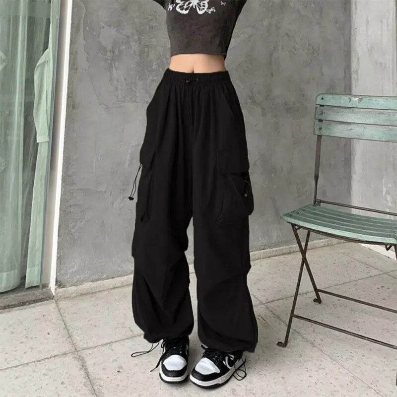Womens Elastic Waist Loose Retro Overalls Casual Pants Womens Summer Allmatch Straight Drape Trousers Loose Wideleg Pants - Tamnz