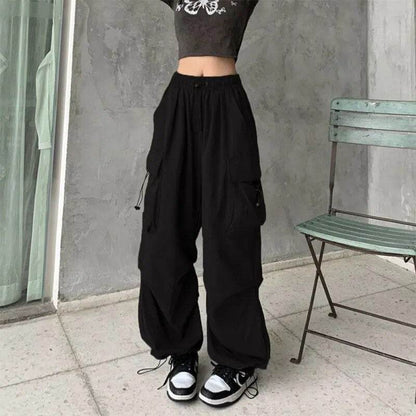 Womens Elastic Waist Loose Retro Overalls Casual Pants Womens Summer Allmatch Straight Drape Trousers Loose Wideleg Pants - Tamnz