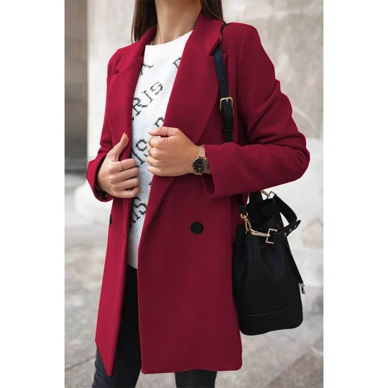 Autumn/Winter Women's Long Sleeve Woolen Coat Solid Color Suit Collar Double Breasted Long Woolen Coat - Tamnz