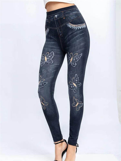 Gym Leggins High Waist Elastic Butterfly Pritned Pencil Pants Faux Denim Leggings Female New Design Hot Sale - Tamnz