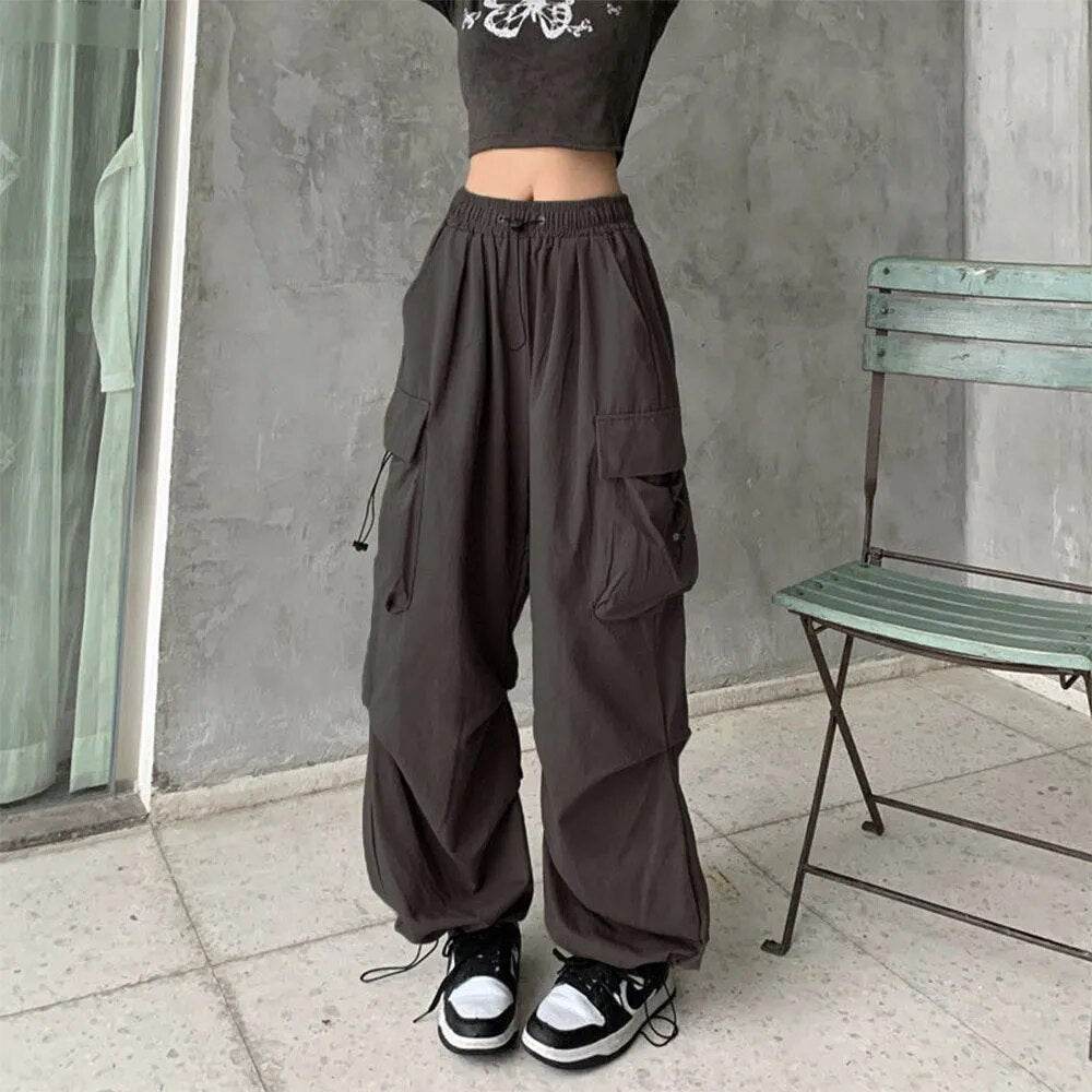 Womens Elastic Waist Loose Retro Overalls Casual Pants Womens Summer Allmatch Straight Drape Trousers Loose Wideleg Pants - Tamnz
