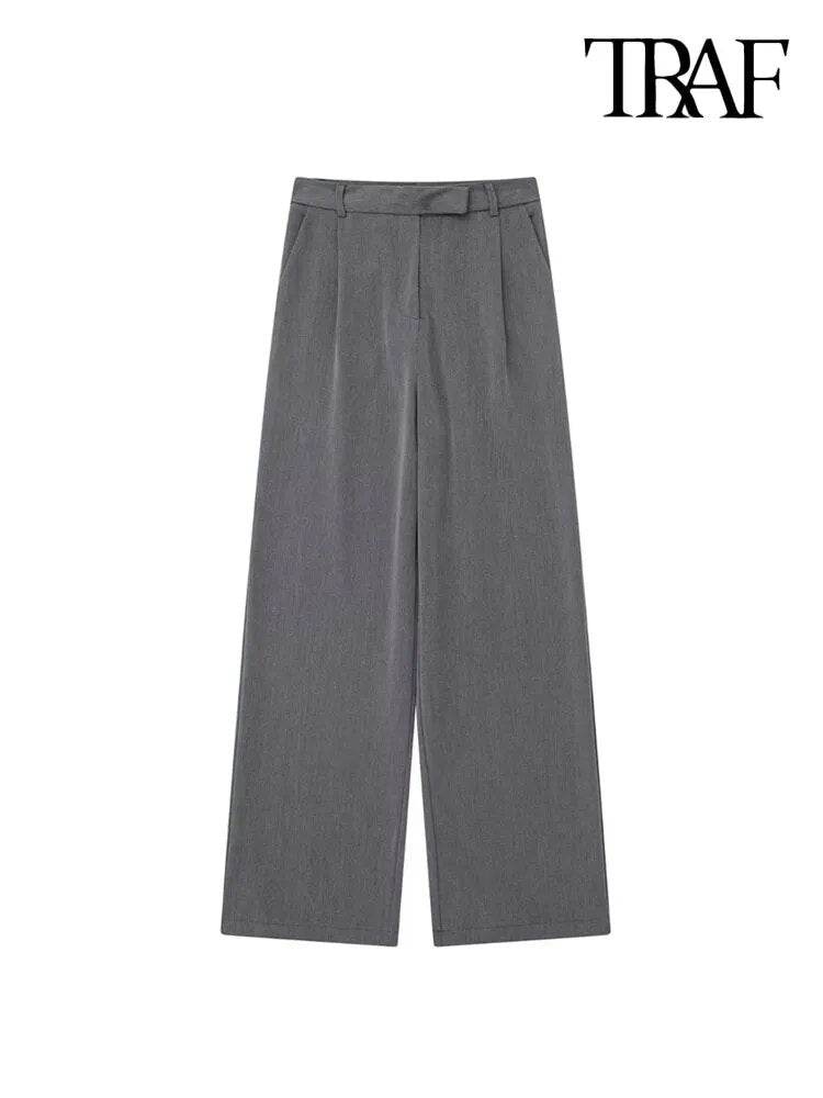 Fashion With Darts Front Pockets Wide Leg Pants Vintage High Waist Zipper Fly Female Trousers Mujer - Tamnz