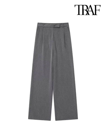 Fashion With Darts Front Pockets Wide Leg Pants Vintage High Waist Zipper Fly Female Trousers Mujer - Tamnz