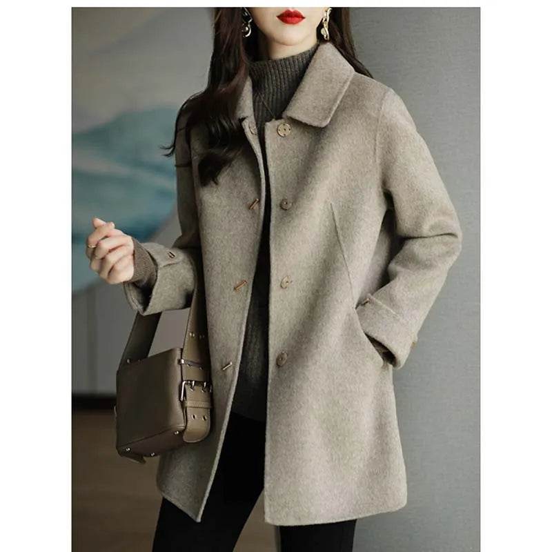 Autumn Winter Woolen Coat Slim Fashion Office Lady Square Collar Single Breasted Winter Coats Wide-waisted Pocket - Tamnz