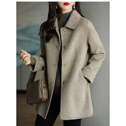 Autumn Winter Woolen Coat Slim Fashion Office Lady Square Collar Single Breasted Winter Coats Wide-waisted Pocket - Tamnz