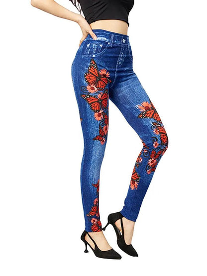 Gym Leggins High Waist Elastic Butterfly Pritned Pencil Pants Faux Denim Leggings Female New Design Hot Sale - Tamnz