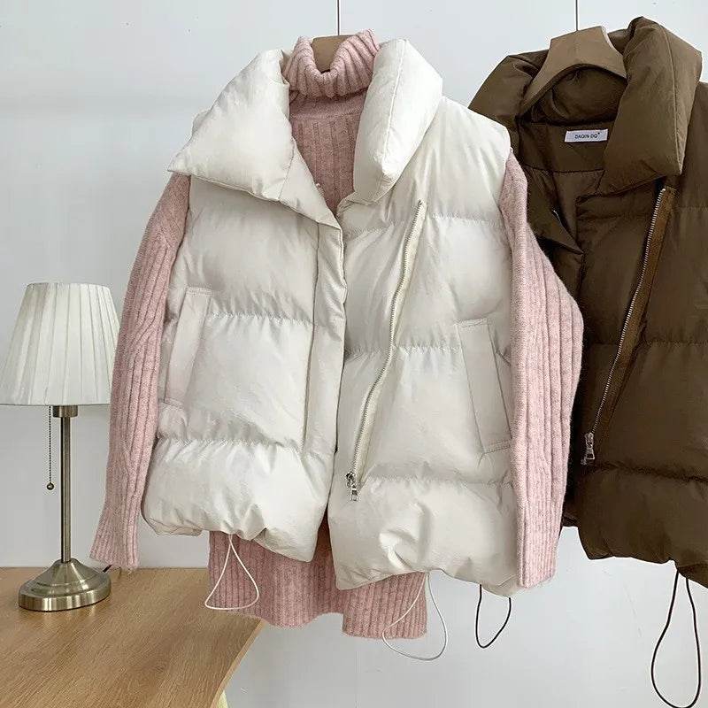 Women Fashion Autumn Stand Collar Elegant Down Coats Warm Outerwear Casual Belt Sleeveless Winter Women Vests Jackets - Tamnz
