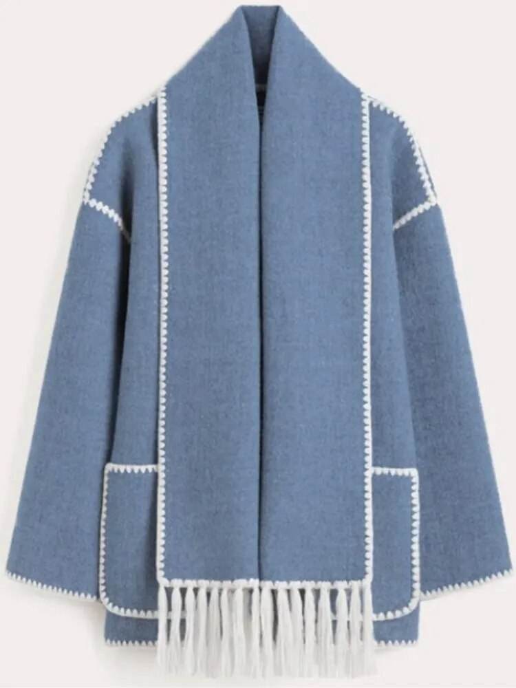 Contrast Single Breasted Women Coat With Scarf Long Sleeve Oversized Loose Tassles Jacket Autumn Winter Fashion Casual Tops - Tamnz