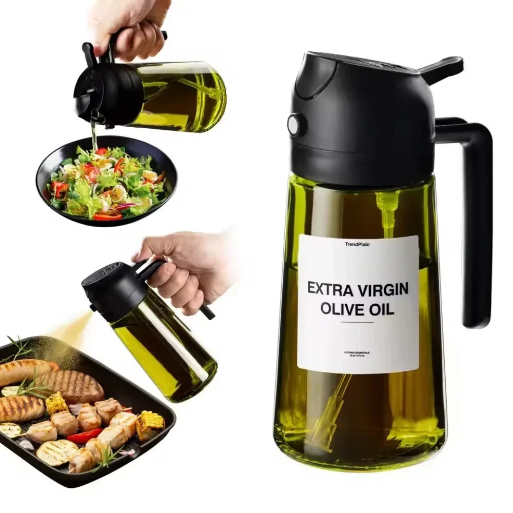 2 in 1 Olive Oil Dispenser Bottle 470ml Light-Blocking Dark Oil Sprayer for Cooking for Kitchen Dark Green Glass Oil Bottle