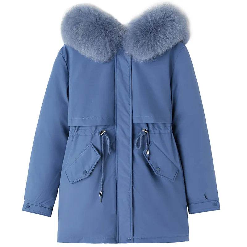 Women Parka Fashion Long Coat Wool Liner Hooded Parkas Winter Jacket Slim with Fur Collar Warm Snow Wear Padded - Tamnz