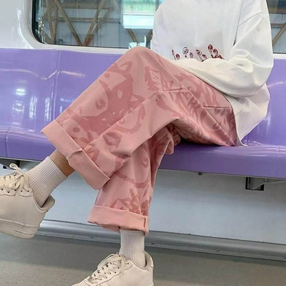 Mid-rise Elastic Waistband Drawstring Pockets Men Pants Cartoon Print Straight Wide Leg Pants Streetwear - Tamnz