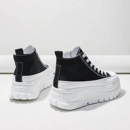 Women Lace-Up Front High Top Flatform Canvas Shoes Fashion Casual Comfortable Height Increasing Sneakers - Tamnz