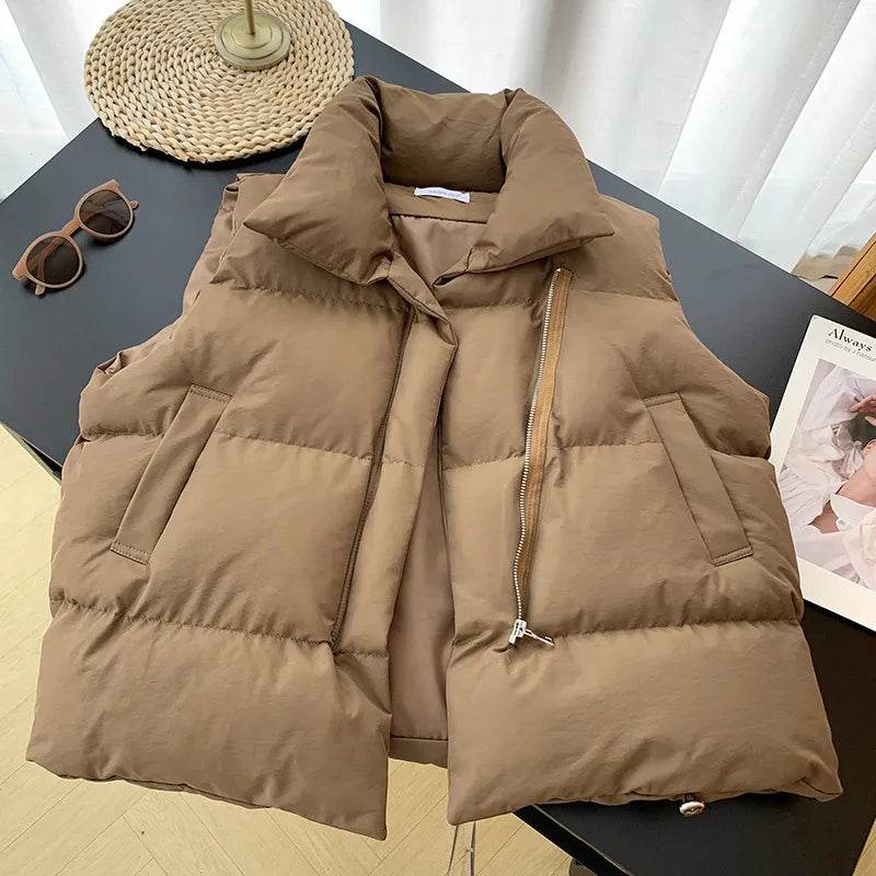 Women Fashion Autumn Stand Collar Elegant Down Coats Warm Outerwear Casual Belt Sleeveless Winter Women Vests Jackets - Tamnz