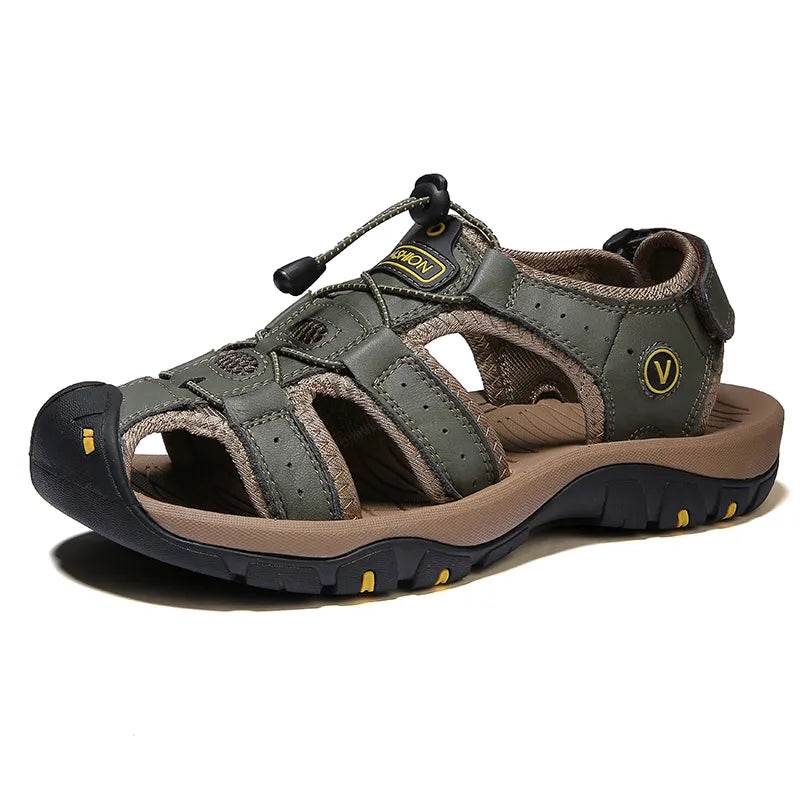 Men's Sandals Summer Anti-collision Toe Outdoor Walking Treking Casual Shoes Leather Hiking Men Slippers Beach Wading Shoes - Tamnz