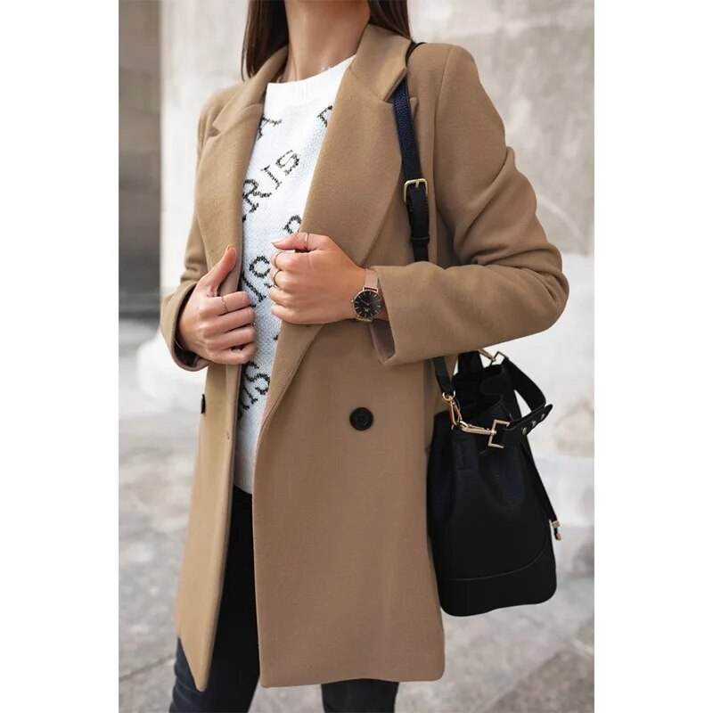 Autumn/Winter Women's Long Sleeve Woolen Coat Solid Color Suit Collar Double Breasted Long Woolen Coat - Tamnz