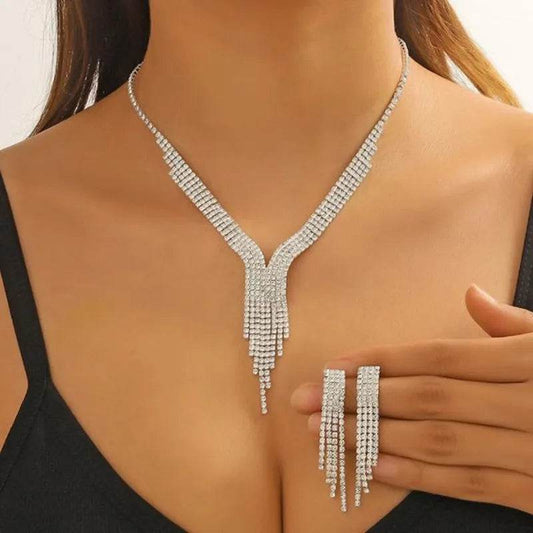 Geometric Rhinestone Necklace Earrings For Women Long Tassel Jewelry Sets Ladies Weddings Banquet Accessory - Tamnz