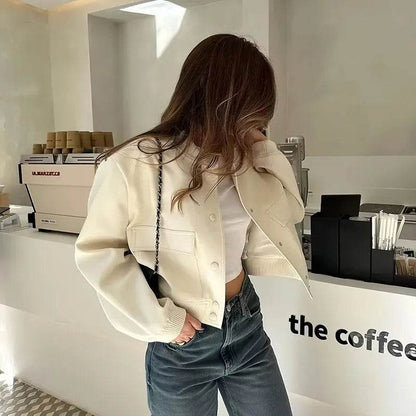 Women Fashion Bomber Jackets with Big Pockets Cropped Spring Amtumn Female Vintage Coat Long Sleeve Front Button Female Outerwea - Tamnz