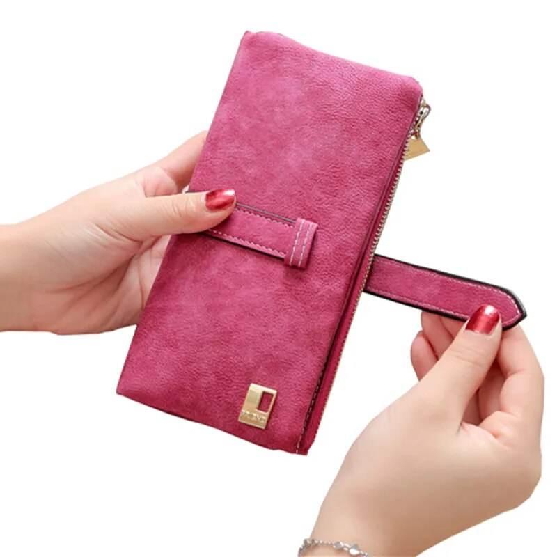 Solid Drawstring Nubuck Leather Zipper Long Women Wallet Phone Bag Luxury Brand Wallets Designer Purse Card Holder Clutch - Tamnz