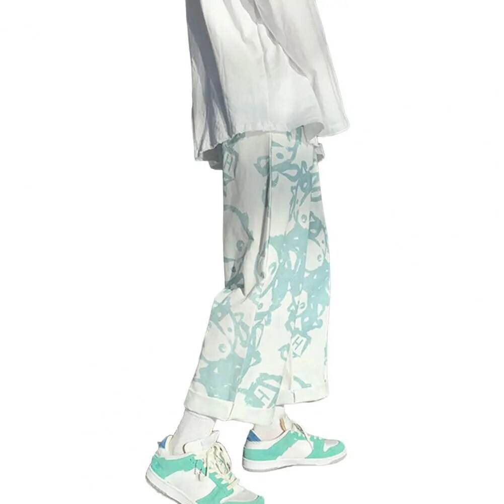 Mid-rise Elastic Waistband Drawstring Pockets Men Pants Cartoon Print Straight Wide Leg Pants Streetwear - Tamnz