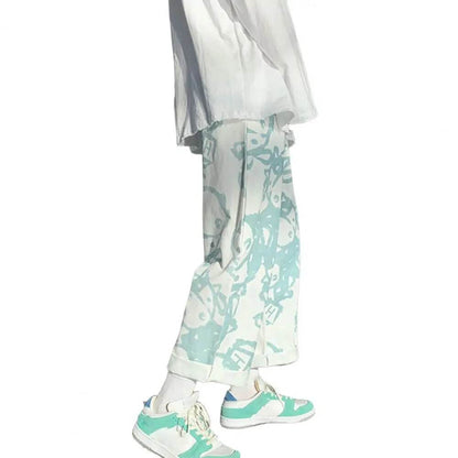 Mid-rise Elastic Waistband Drawstring Pockets Men Pants Cartoon Print Straight Wide Leg Pants Streetwear - Tamnz