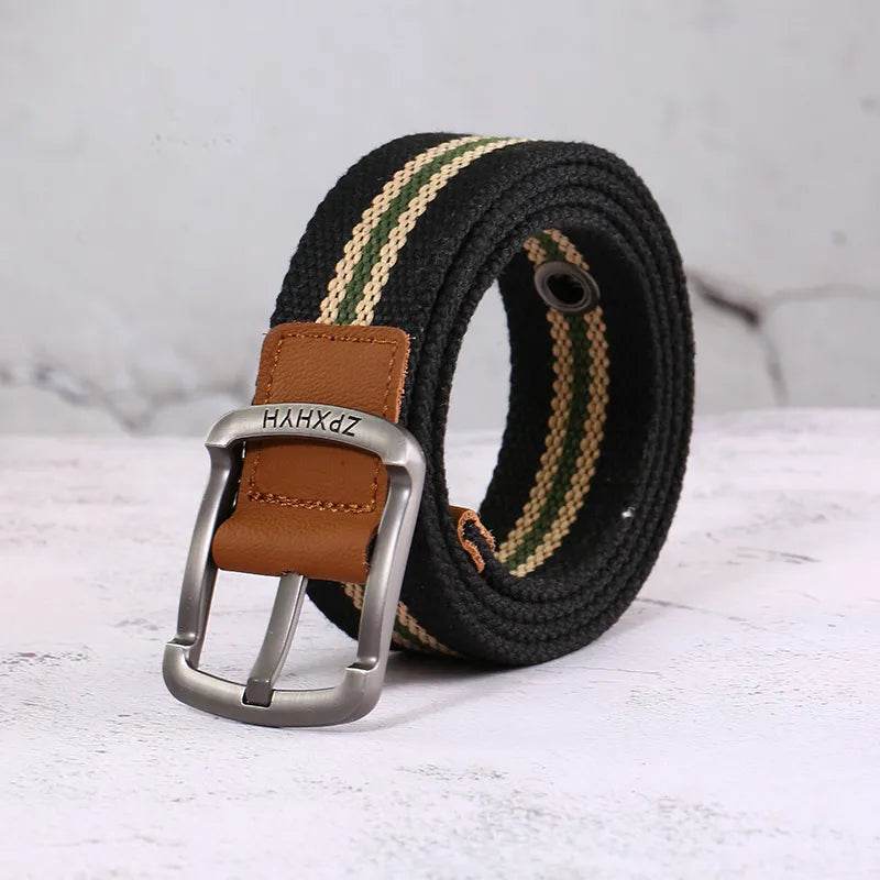 Outdoor Canvas Men's Belt Solid Color Black and Red Striped Woven Alloy Pin Buckle Sports Overalls Belt for Men Wholesale - Tamnz