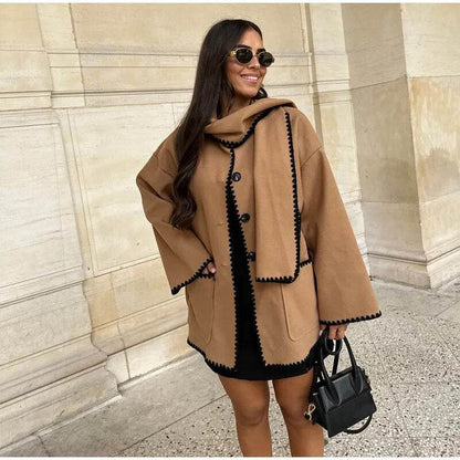 Contrast Single Breasted Women Coat With Scarf Long Sleeve Oversized Loose Tassles Jacket Autumn Winter Fashion Casual Tops - Tamnz