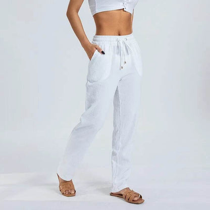 Womens Loose Trousers Casual Solid Color Wide Leg Trousers Drawstring Design Fashion Pants - Tamnz