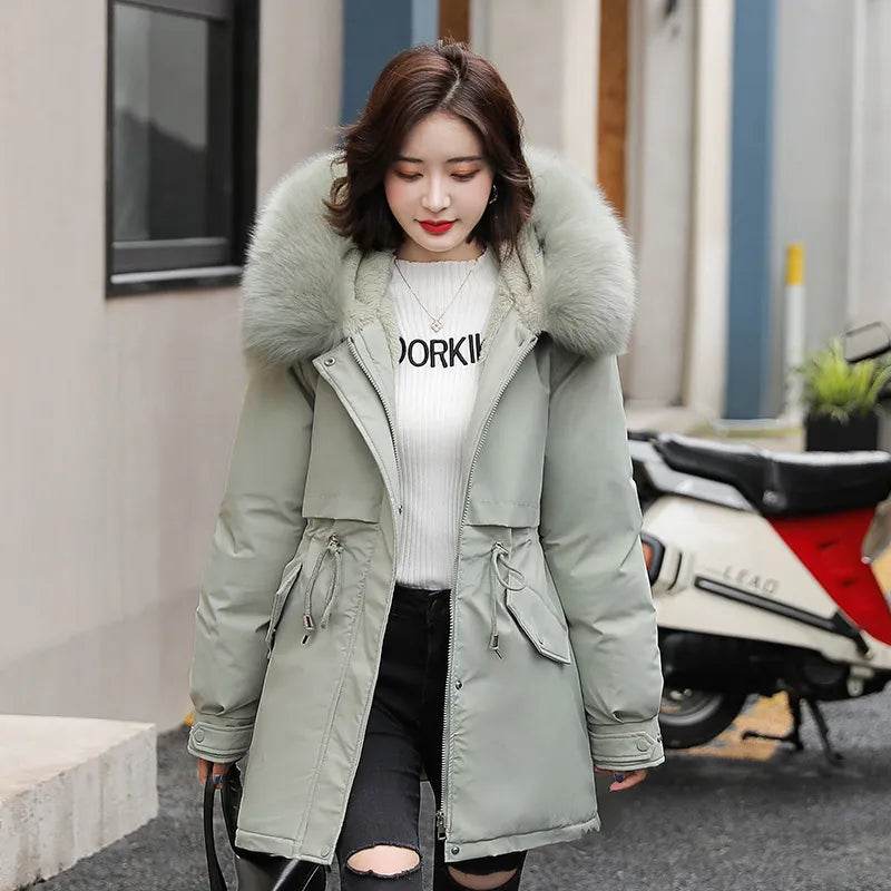 Women Parka Fashion Long Coat Wool Liner Hooded Parkas Winter Jacket Slim with Fur Collar Warm Snow Wear Padded - Tamnz