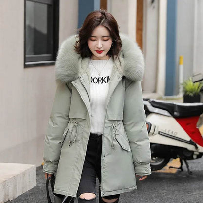 Women Parka Fashion Long Coat Wool Liner Hooded Parkas Winter Jacket Slim with Fur Collar Warm Snow Wear Padded - Tamnz