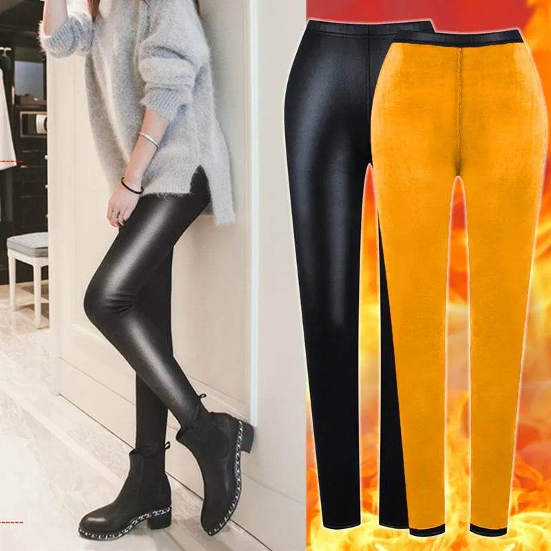 Winter Warm Pu Leather Leggings Women Sexy High Waist Thermal Tights Pants Thick Fleece Slim Black Stretchy Pants Leggings - Tamnz