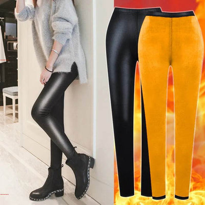 Winter Warm Pu Leather Leggings Women Sexy High Waist Thermal Tights Pants Thick Fleece Slim Black Stretchy Pants Leggings - Tamnz