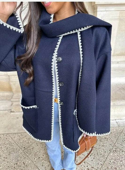 Contrast Single Breasted Women Coat With Scarf Long Sleeve Oversized Loose Tassles Jacket Autumn Winter Fashion Casual Tops - Tamnz