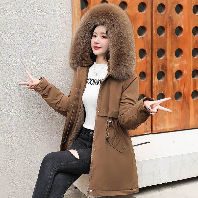 Women Parka Fashion Long Coat Wool Liner Hooded Parkas Winter Jacket Slim with Fur Collar Warm Snow Wear Padded - Tamnz