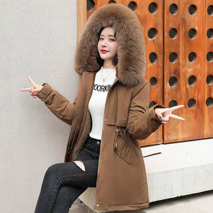 Women Parka Fashion Long Coat Wool Liner Hooded Parkas Winter Jacket Slim with Fur Collar Warm Snow Wear Padded - Tamnz