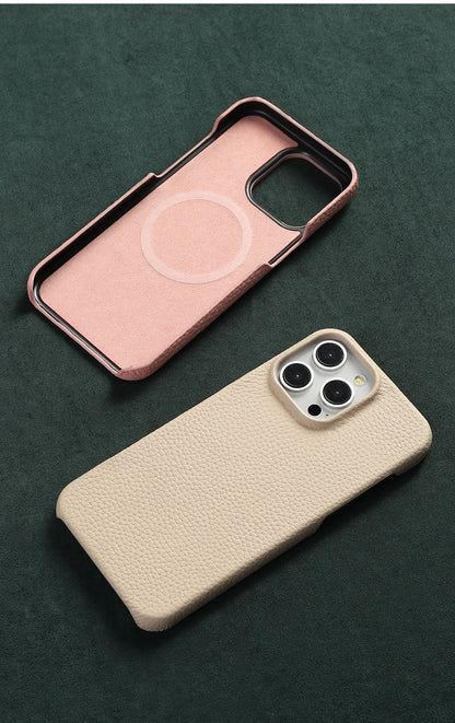 for Magsafe Case for iPhone 17 15 16 Pro Max Air 16Pro Natural Cowhide Lychee Leather Magnetic Protector Luxury Phone Back Cover