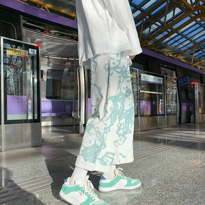 Mid-rise Elastic Waistband Drawstring Pockets Men Pants Cartoon Print Straight Wide Leg Pants Streetwear - Tamnz