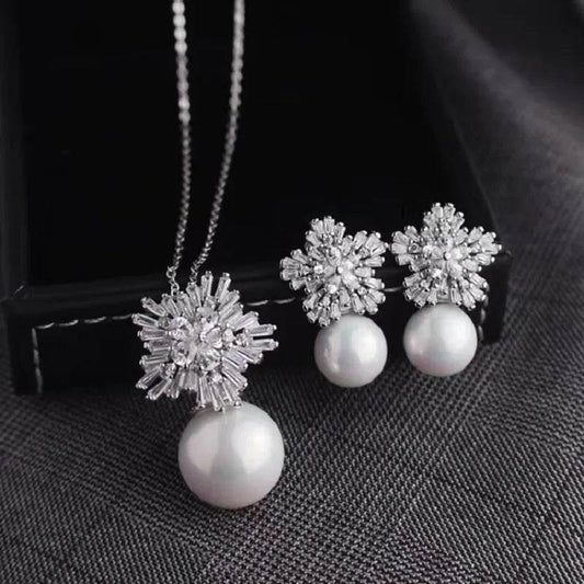 Classic Fashion Snowflake Zircon with Pearl Earrings Necklaces Jewelry Sets for Elegant Women Dinner Accessories - Tamnz
