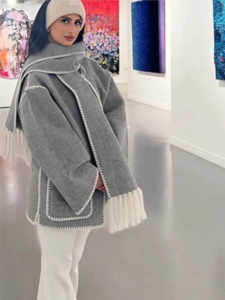 Contrast Single Breasted Women Coat With Scarf Long Sleeve Oversized Loose Tassles Jacket Autumn Winter Fashion Casual Tops - Tamnz