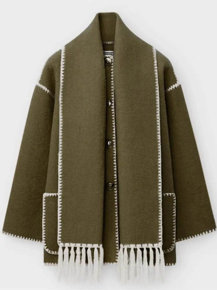 Contrast Single Breasted Women Coat With Scarf Long Sleeve Oversized Loose Tassles Jacket Autumn Winter Fashion Casual Tops - Tamnz