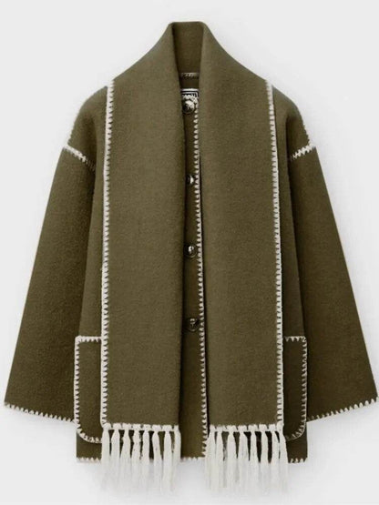 Contrast Single Breasted Women Coat With Scarf Long Sleeve Oversized Loose Tassles Jacket Autumn Winter Fashion Casual Tops - Tamnz